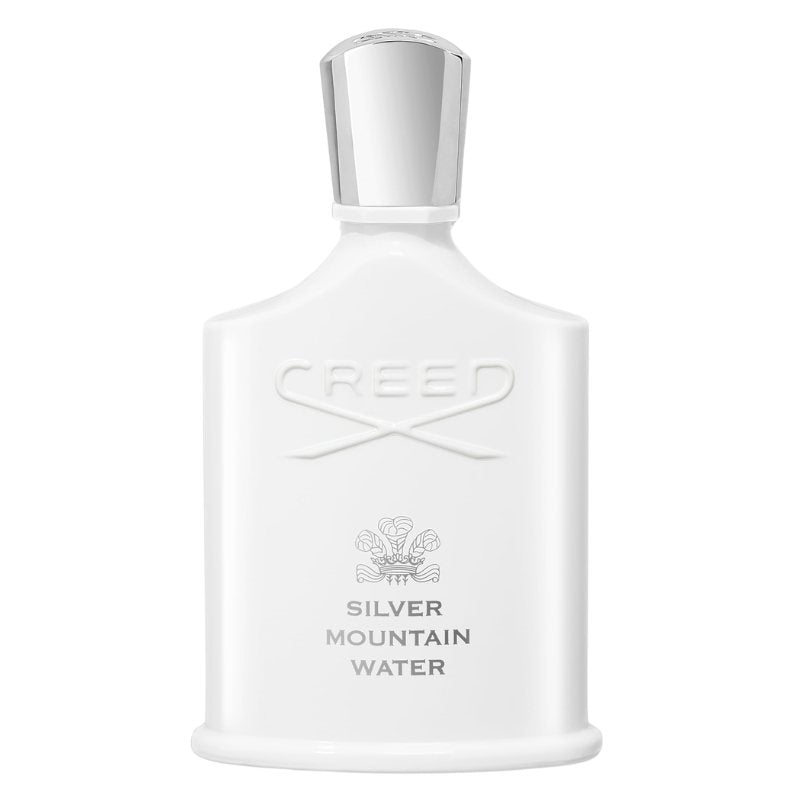White sample perfume bottle with silver cap, front Creed logo and Silver Mountain Water text