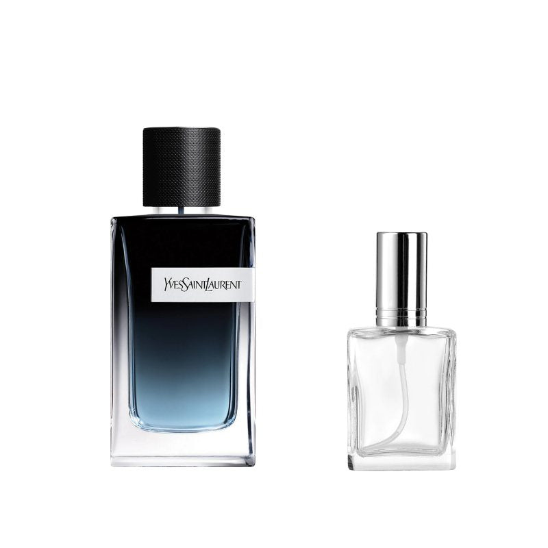 Yves Saint Laurent Y EDP sample bottle with black cap and clear vial with silver top