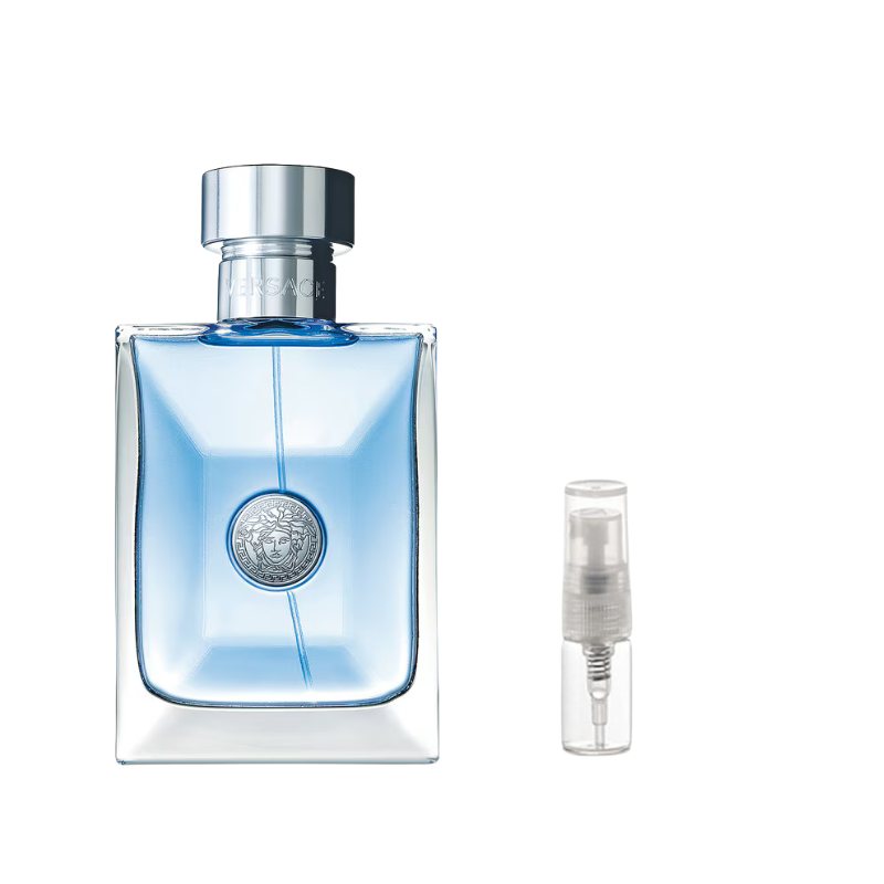 Blue glass perfume bottle with silver cap, shown with 2ml spray vial