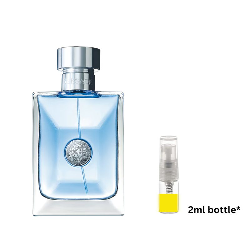 Blue glass perfume bottle with silver cap, shown with 2ml sample spray