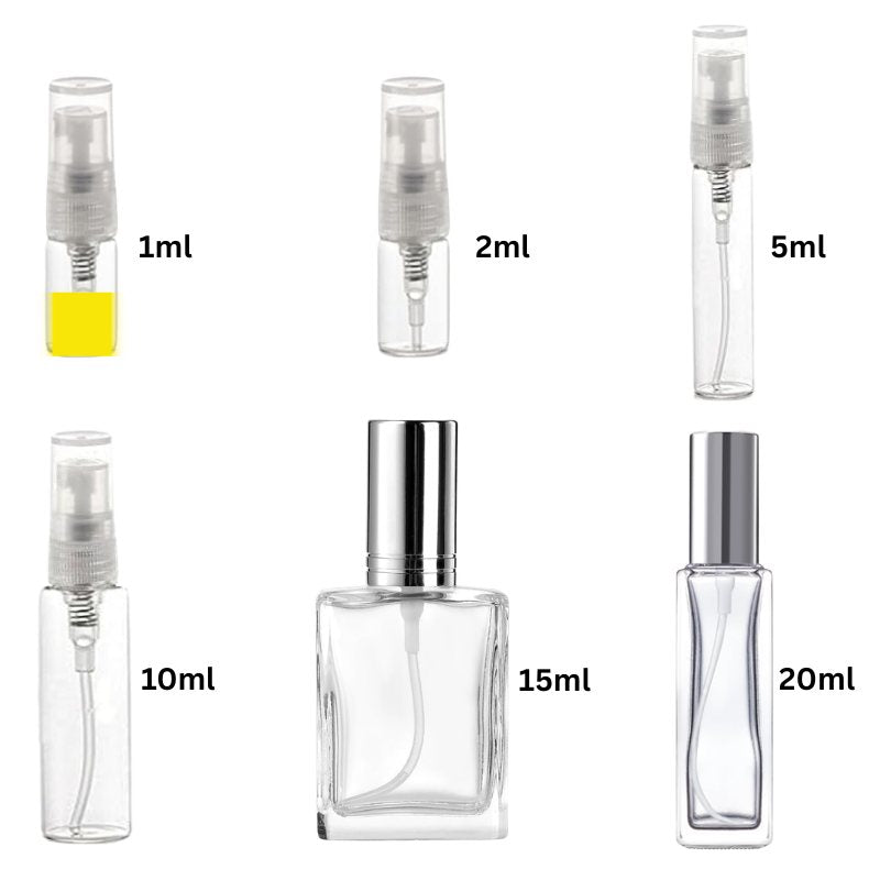 Assorted travel spray vials labeled 1ml, 2ml, 5ml, 10ml, 15ml, 20ml