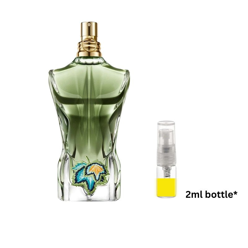 Green perfume bottle sample with gold cap and 2ml spray vial with yellow label