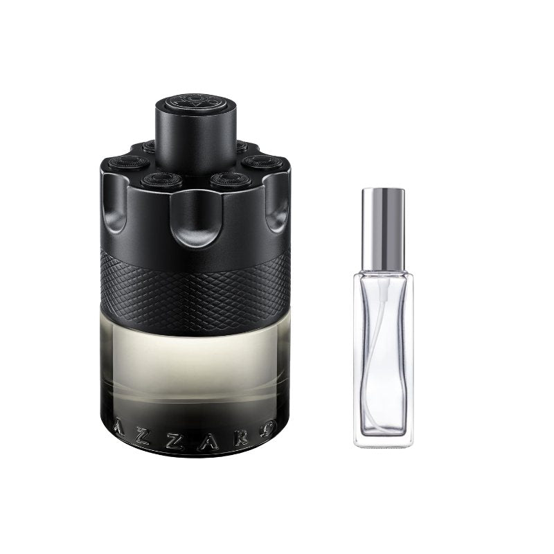 Black fragrance sample atomizer with clear sprayer bottle and silver cap, cylindrical case