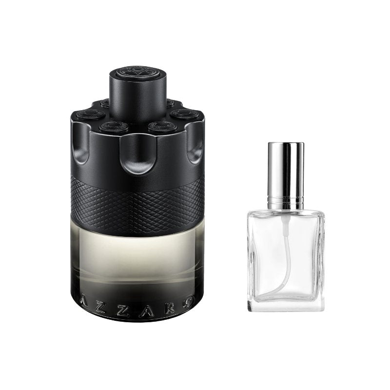 Black fragrance sample atomizer with clear bottle and silver cap, cylindrical case