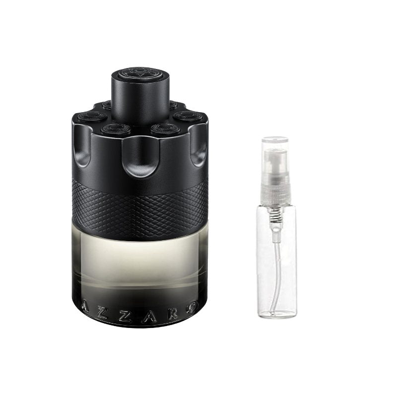 Black fragrance sample atomizer with textured band and clear sprayer vial, cylindrical case