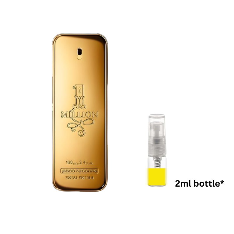 Paco Rabanne 1 Million EDT sample bottle with 2ml spray vial, gold and clear