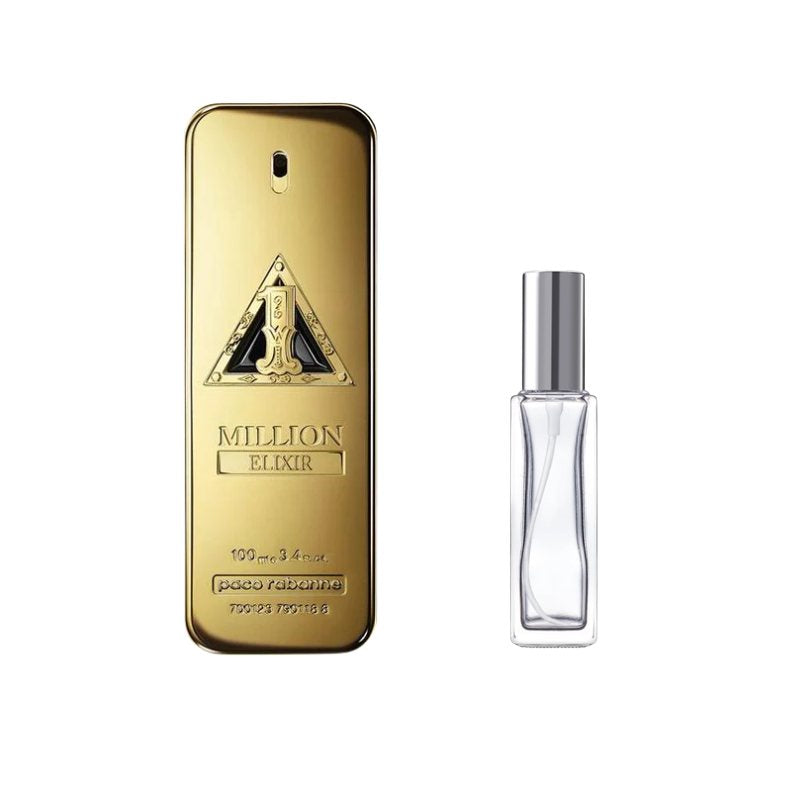 Gold perfume bottle sample with clear glass bottle and silver cap