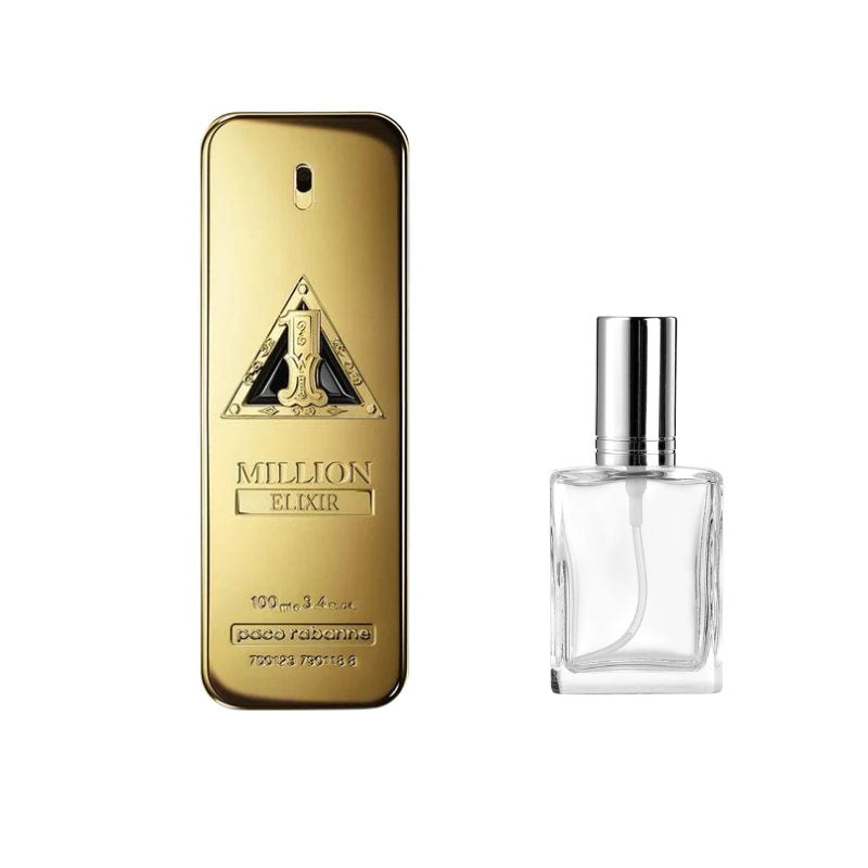 Gold perfume bottle sample with clear glass bottle and black cap