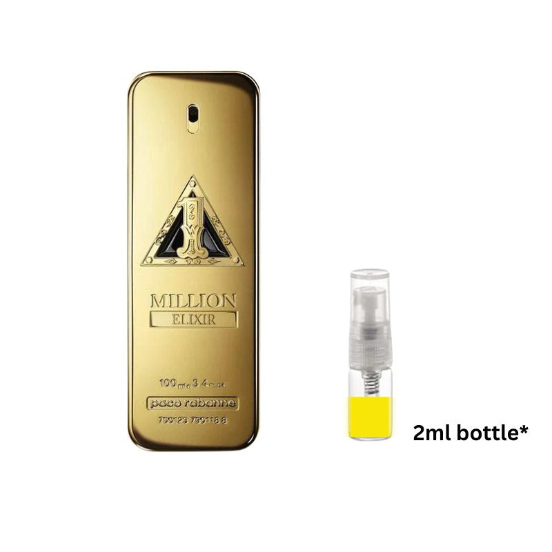 Gold perfume bottle sample with 2ml spray vial and yellow liquid