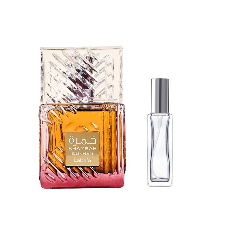 Perfume sample bottle with small glass atomizer, amber and pink bottle with chrome cap