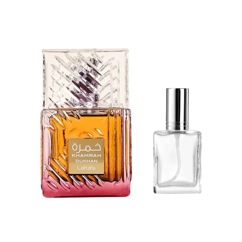 Perfume sample bottle with glass atomizer, amber and pink bottle with clear refill sprayer