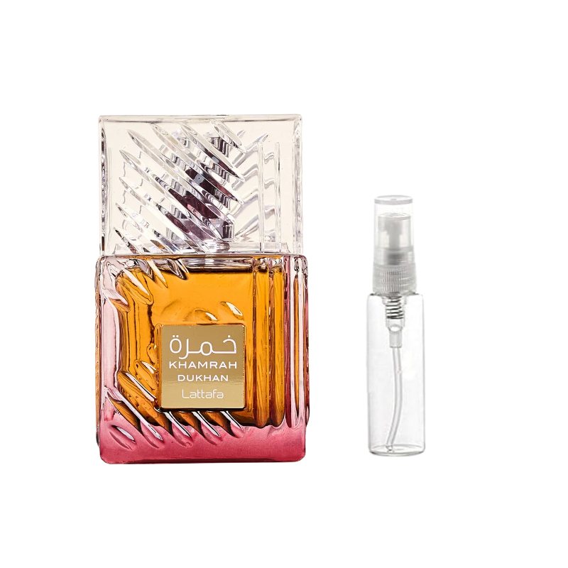 Perfume sample bottle with refill spray vial, amber and pink glass, clear mist nozzle