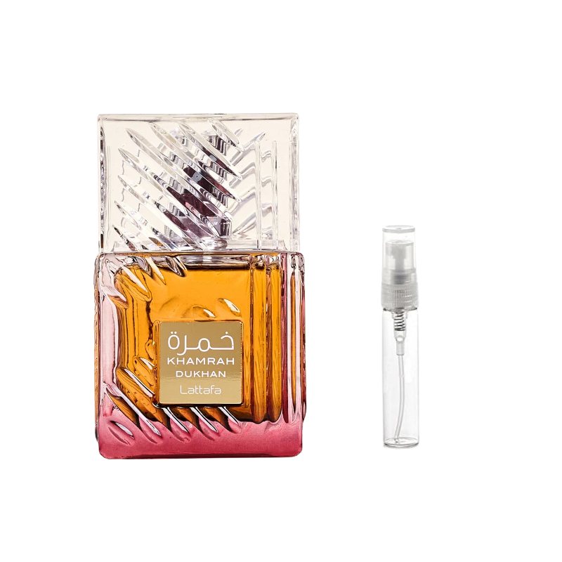 Perfume sample bottle with refill spray vial, amber and pink glass, clear tube sprayer
