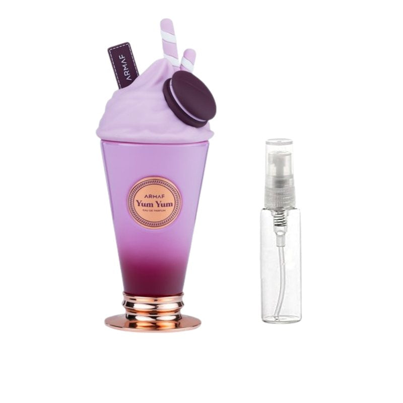 Purple cup-shaped Armaf perfume sample with clear atomizer spray bottle