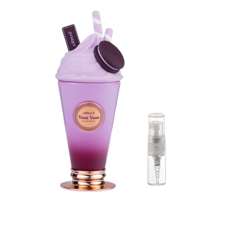 Purple cup-shaped Armaf perfume sample with 2ml atomizer vial beside it