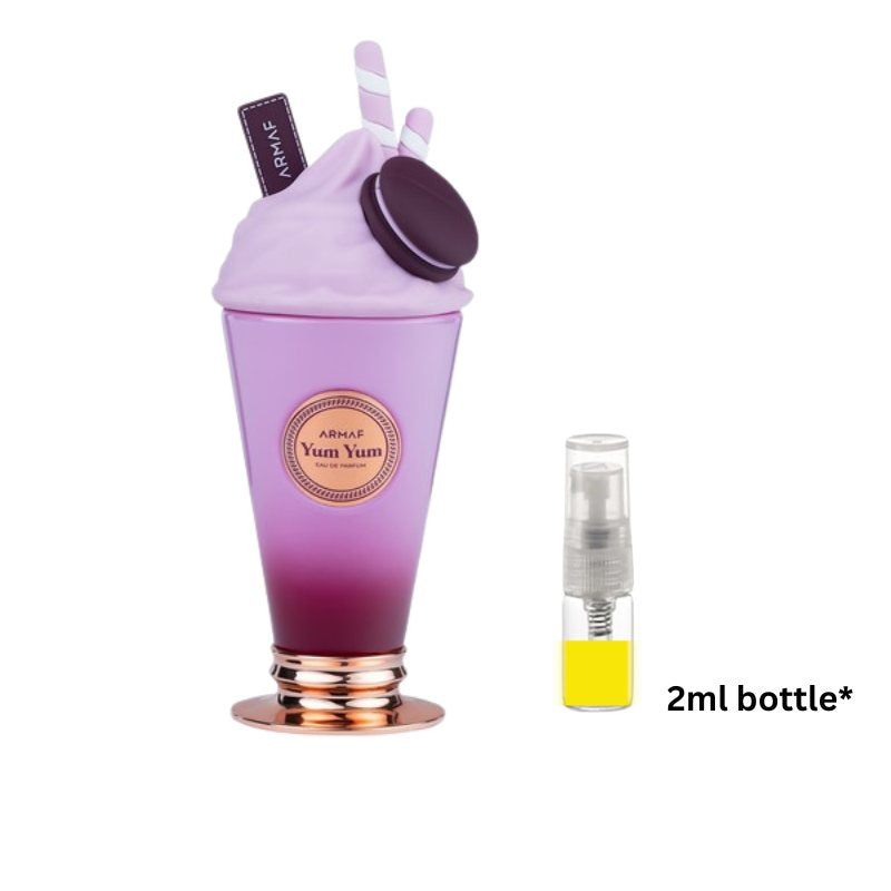 Purple cup-shaped Armaf perfume sample with pump sprayer and 2ml vial