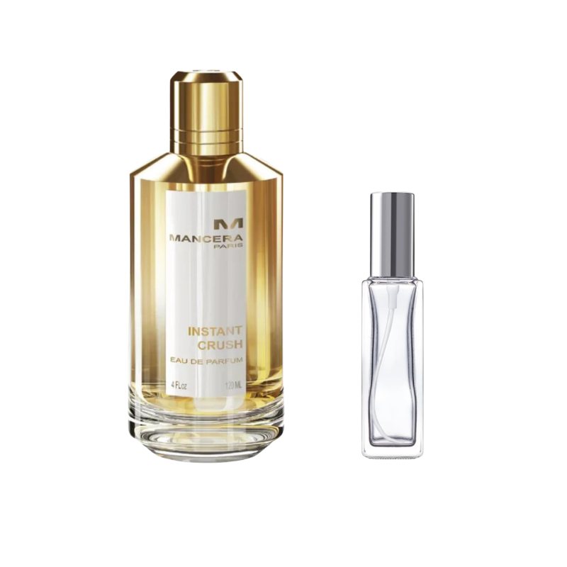 Mancera eau de parfum sample bottle with gold cap plus slender clear vial with silver cap
