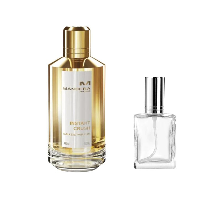 Mancera eau de parfum sample bottle with gold cap plus clear vial with black cap