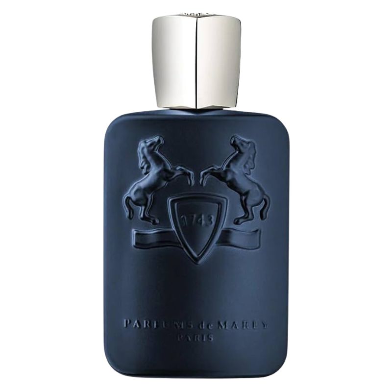 Dark blue perfume sample bottle with silver cap and embossed crest logo