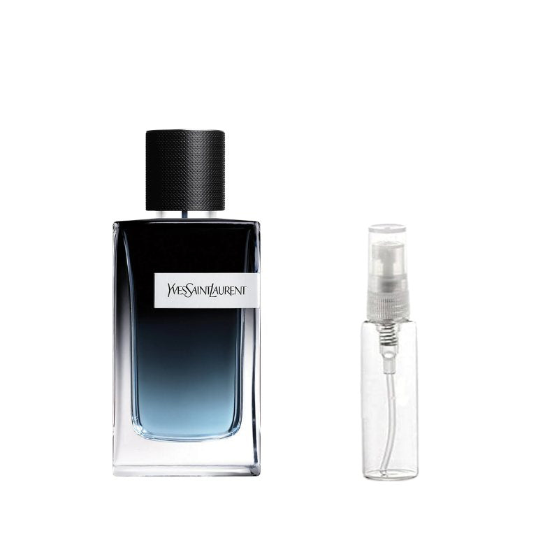 Yves Saint Laurent Y EDP sample bottle with black cap plus upright atomizer vial