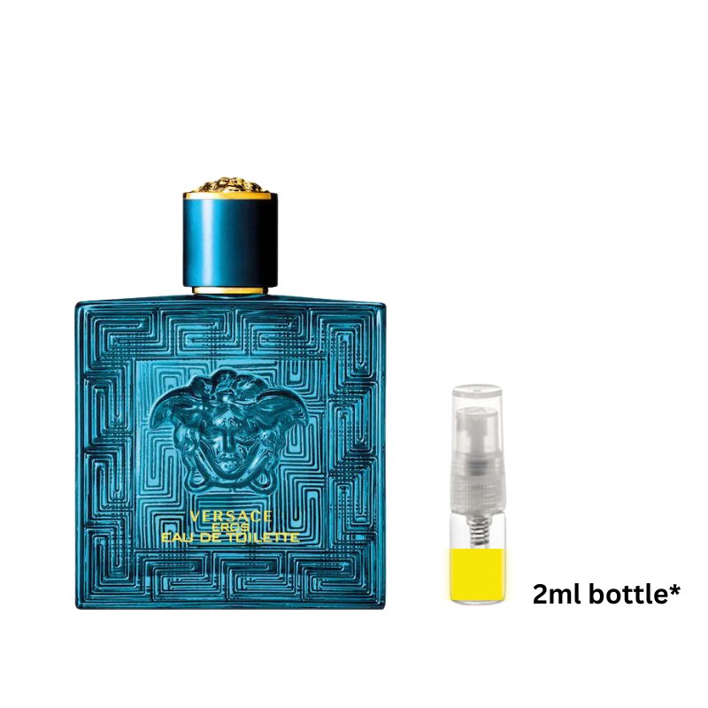 Versace eau de toilette bottle with gold cap and 2 ml clear spray sample vial