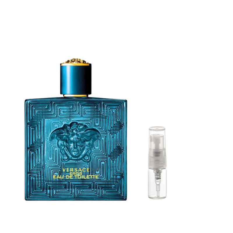 Versace eau de toilette bottle with gold cap and clear 2 ml spray vial