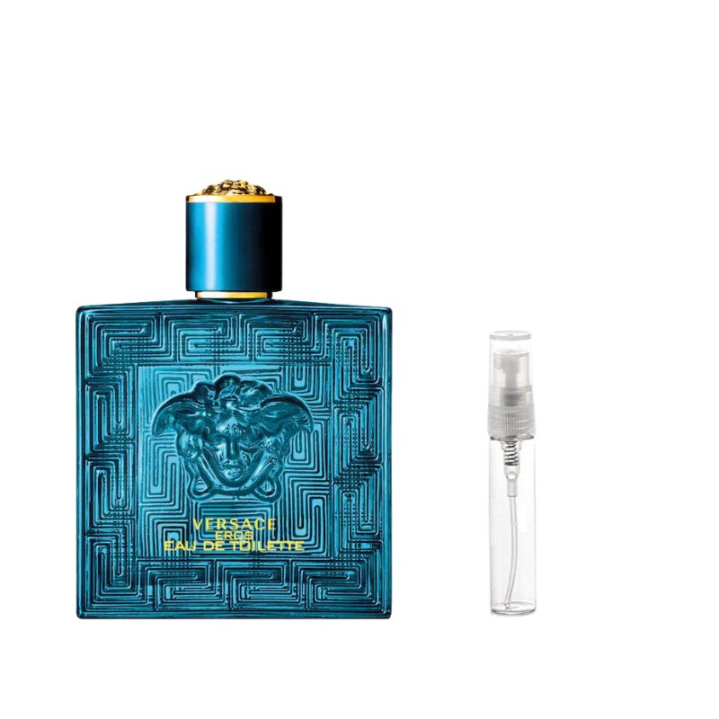 Versace eau de toilette bottle with gold cap and clear spray sample vial