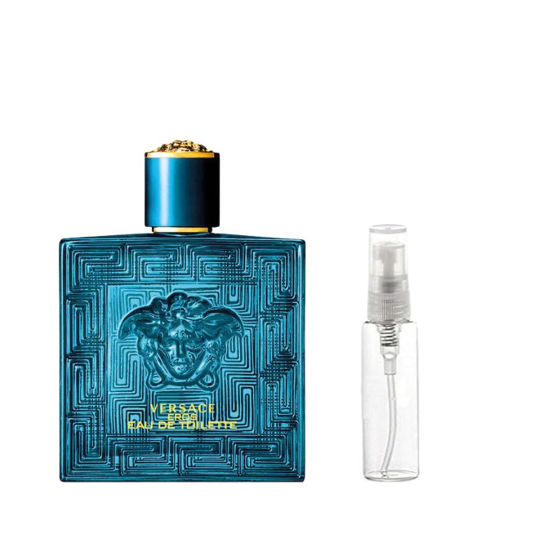 Versace eau de toilette bottle with gold cap and clear mist spray vial with tube