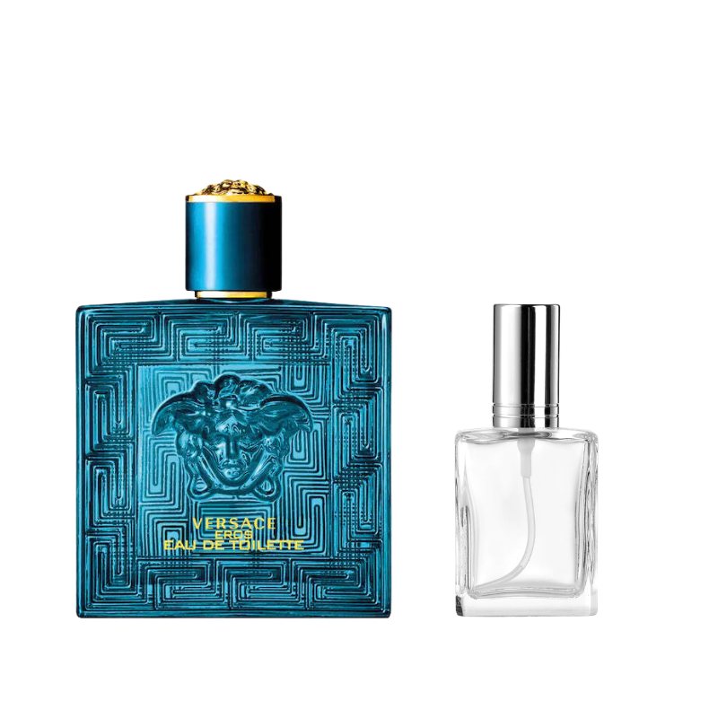 Versace eau de toilette bottle with gold cap and clear bottle with silver atomizer