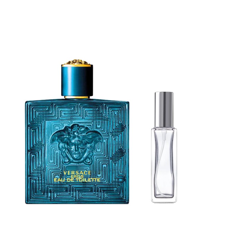 Versace eau de toilette bottle with gold cap and tall clear spray bottle with silver cap