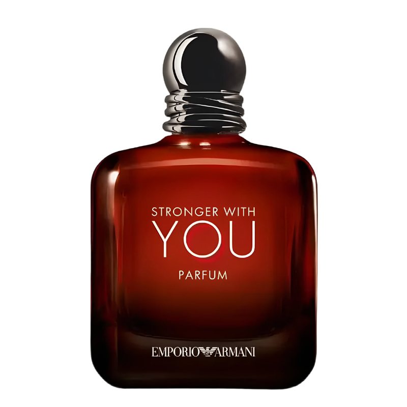 Amber-brown perfume bottle with glossy black cap and front label