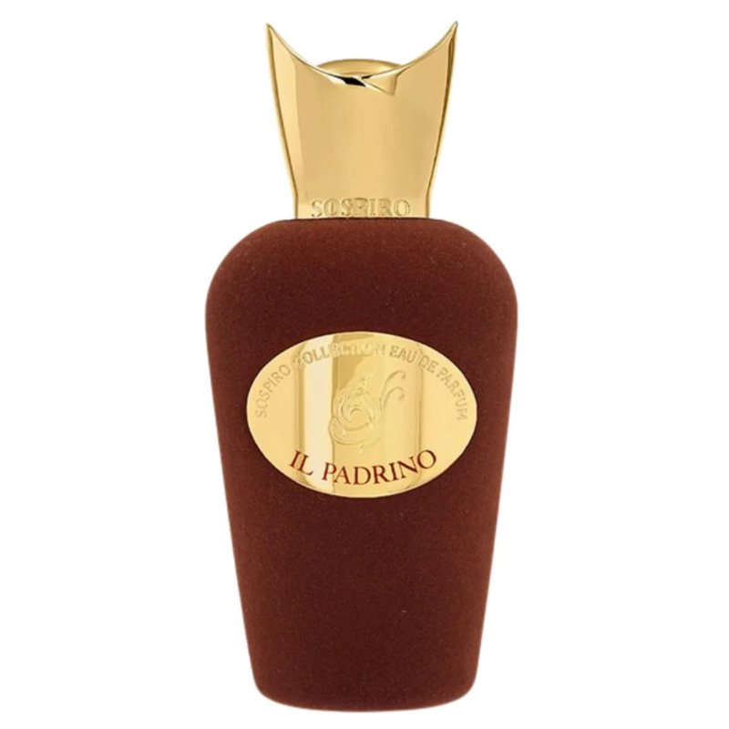 Brown velvet perfume sample bottle with gold fan-shaped cap and centered label