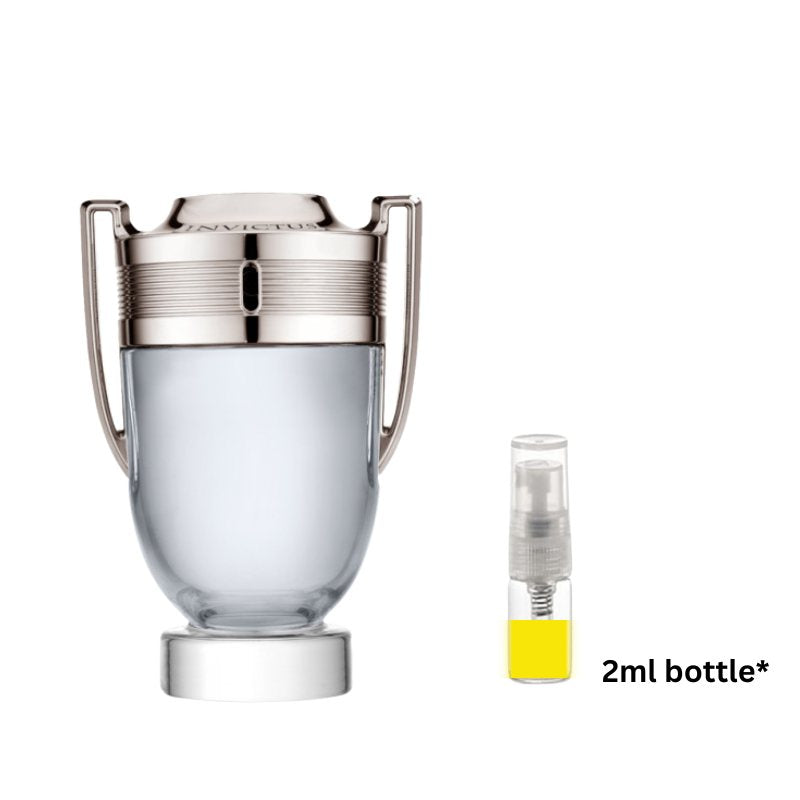 Silver-toned sample perfume vial with separate small clear spray bottle