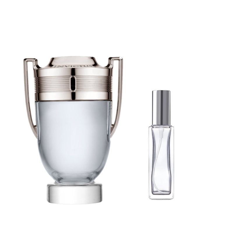 Silver-toned sample perfume vial with clear rectangular perfume bottle
