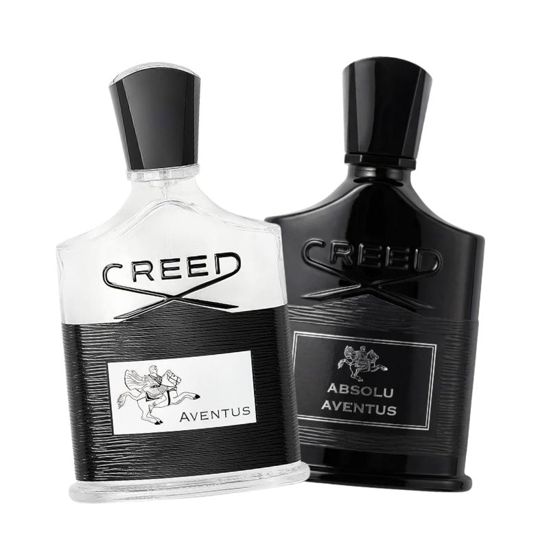 Creed Aventus perfume sample bottles, clear and black glass with illustrated labels