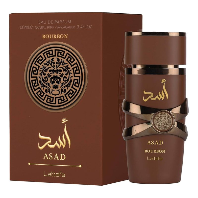 Lattafa Asad Bourbon EDP perfume bottle with matching box, brown with gold accents
