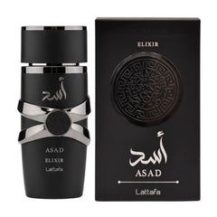 Black perfume bottle with metallic band, ASAD Elixir Lattafa label and matching box