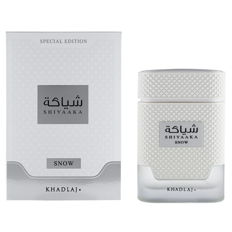 Shiyaaka Snow perfume jar with embossed texture and label on white container