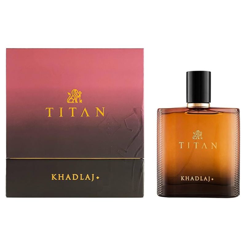 Khadlaj Titan EDP perfume bottle with matching box, amber glass and black cap