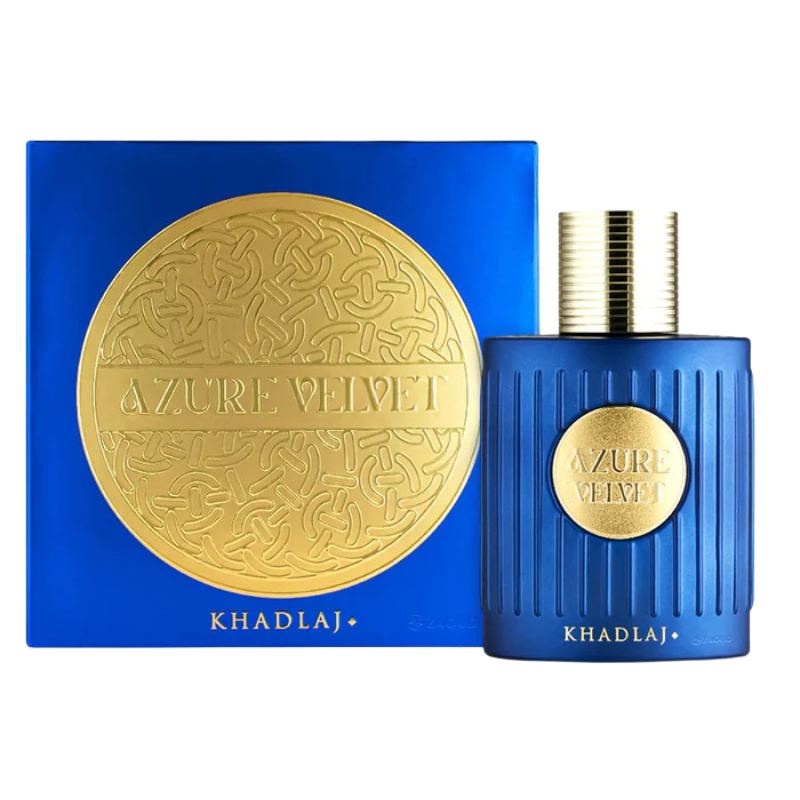 Khadlaj Azure Velvet Extrait de Parfum 100ml blue bottle with gold cap and medallion