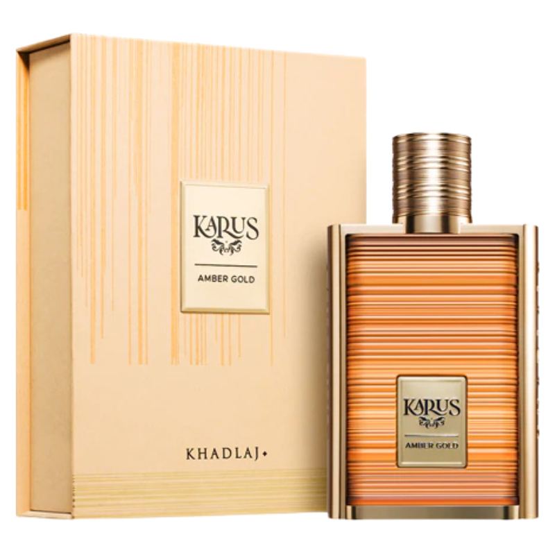 Amber Gold EDP perfume bottle with ribbed glass and matching box, gold cap