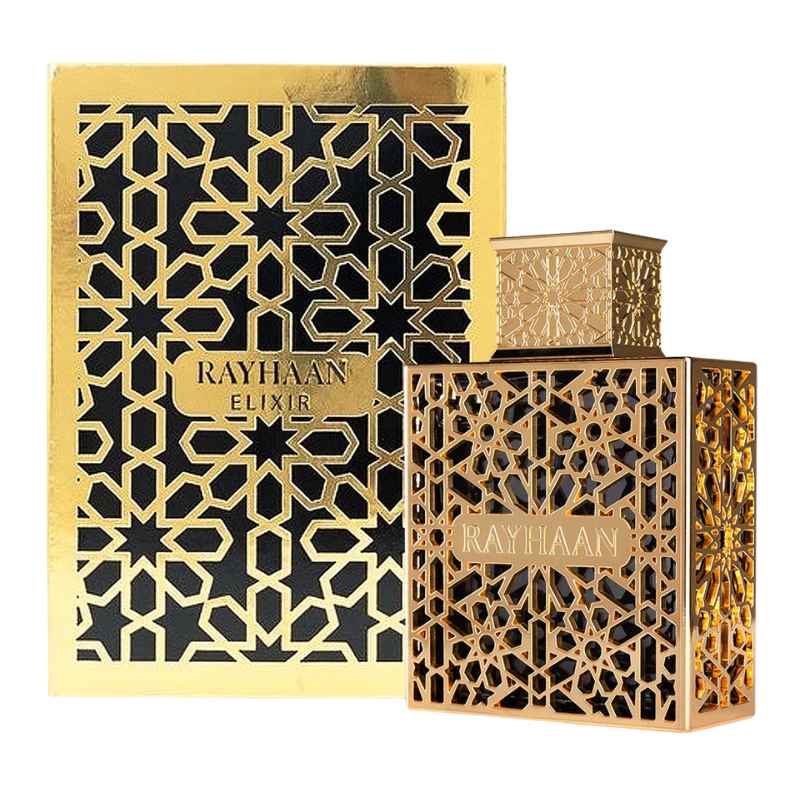 Gold geometric patterned fragrance EDP bottle with matching gift box set
