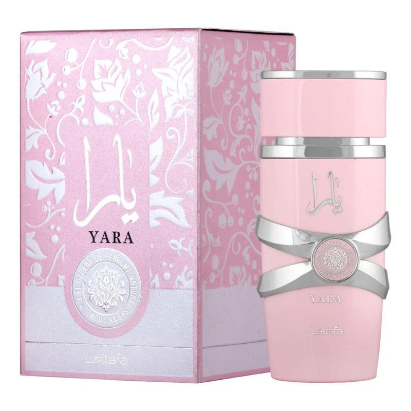 Perfume gift set bottle with pink glass and silver cap, Lattafa Yara 100ml