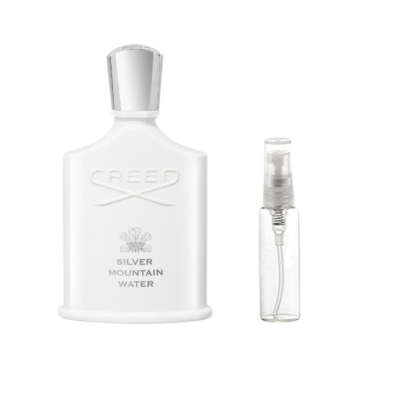 White sample perfume bottle with silver cap and tall clear spray vial