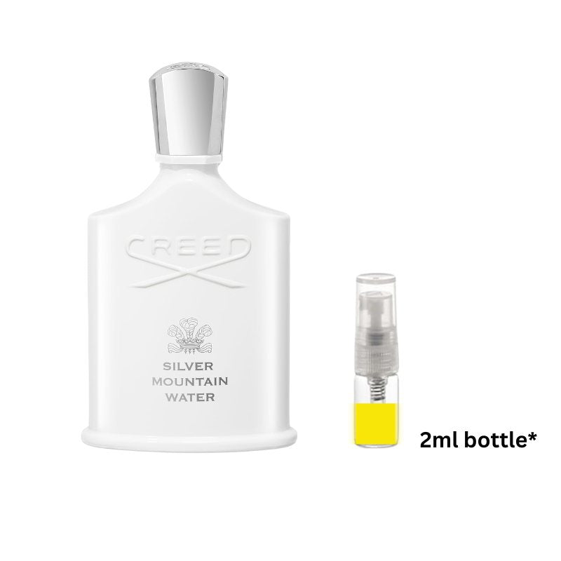 White sample perfume bottle with silver cap and small vial with yellow label, 2ml size