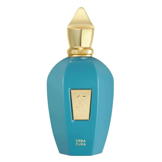 Fragrance sample bottle, teal blue glass with gold cap and ERBA PURA label
