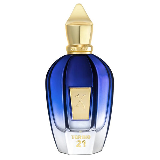 Xerjoff Torino 21 perfume sample bottle, blue glass with gold cap and front label