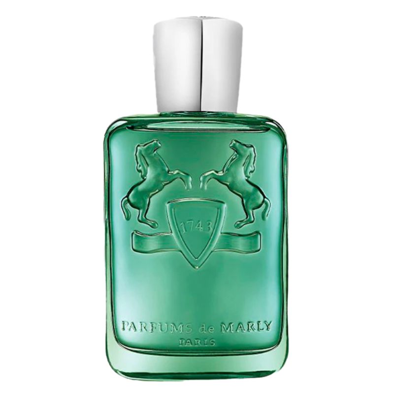 Green perfume bottle front with horses crest and shield emblem, white cap