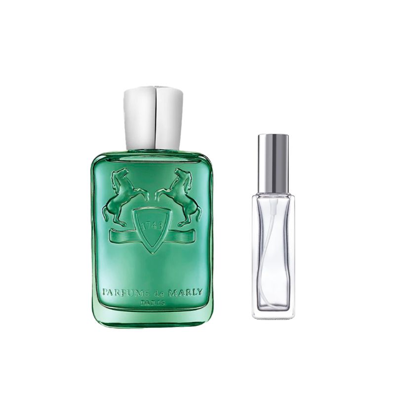 Green perfume sample bottle with horses crest, white cap; clear bottle with metallic top