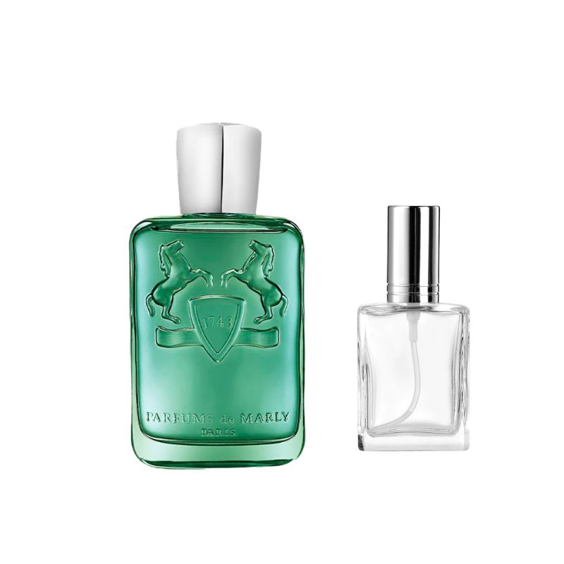 Green perfume sample bottle with horses crest, white cap; clear bottle with silver top